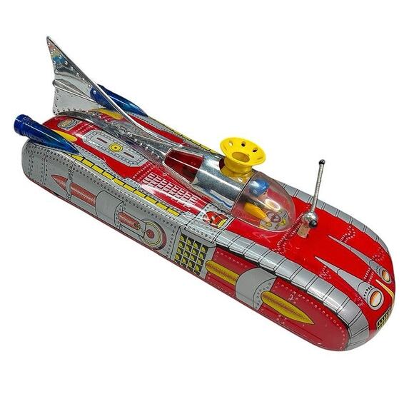 Vintage 1960s Litho Tin Battery Space Car Rocket Ship Red - Picture 7 of 10